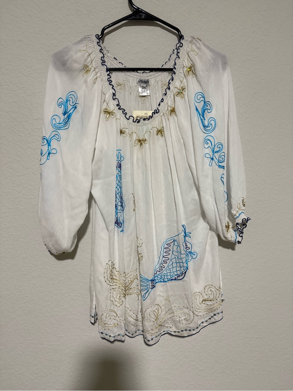 USAND White Embroidered Peasant Tunic with Blue Motifs